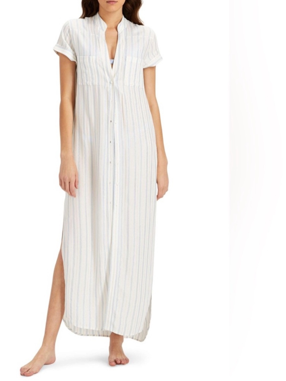 Onia Maxi Dress KIM Button Front Long METALIC STRIPE WHITE MULTI Large